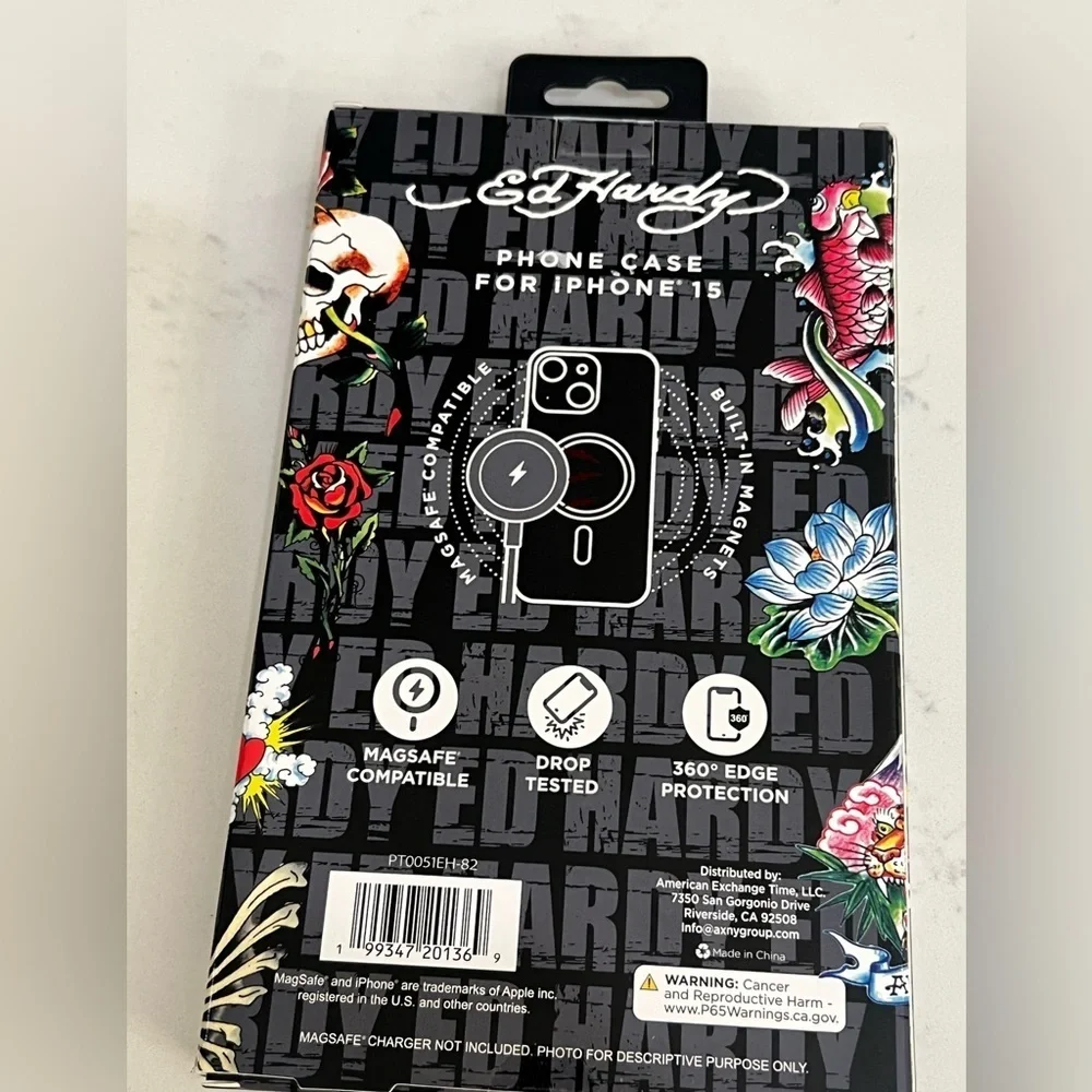 Ed Hardy Floral Skull iPhone 15 Case - Red, Blue, and Black